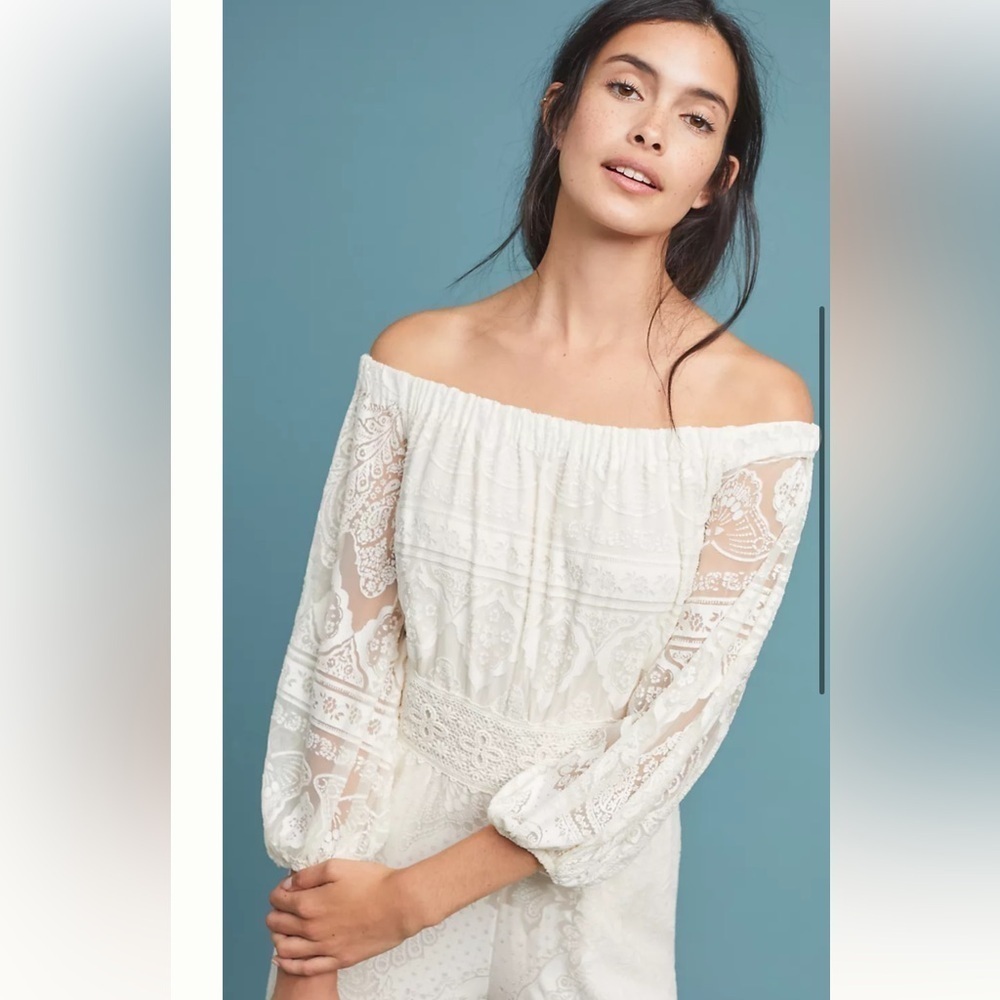 Farm Rio Anthropologie Elliot Ivory Off the Shoulder Elegant Jumpsuit SI… - Picture 15 of 15